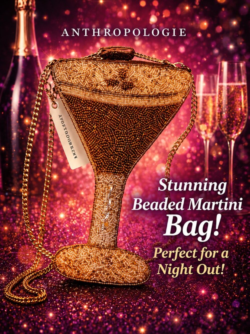 Anthropologie Beaded Martini Glass Crossbody Bag Novelty Cocktail Purse